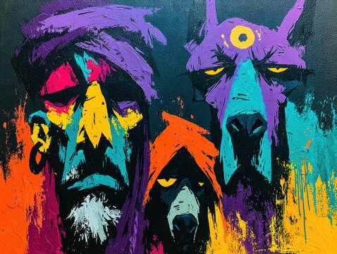 Abstract expressive painting, tribal figures and animal spirits, vibrant impasto texture, moody composition