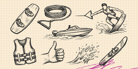Hand drawn vintage black ink scribble doodle vector set of scuba diving water sports and swimming icons for creative graphic design © Broke Stoke