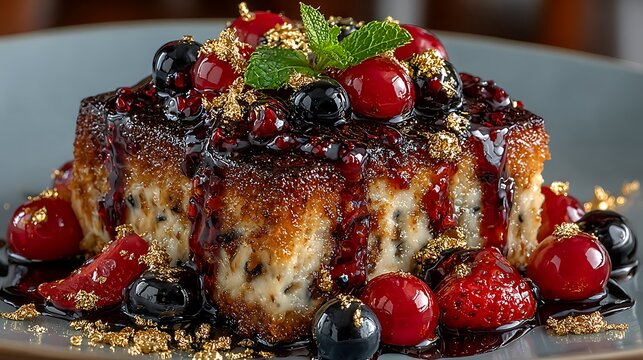 Luxury Chorley cake plated with fruit compote and gold leaf garnish, fine dining presentation