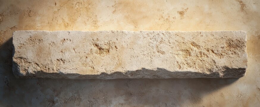 weathered rectangular stone beam mounted on textured plaster wall under warm light, rustic serene mood