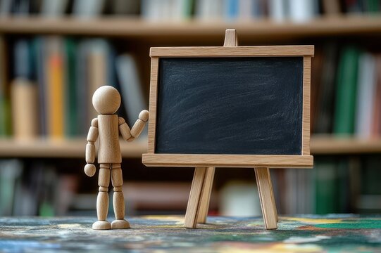 wooden mannequin presenting a blank chalkboard on a small easel with blurred bookshelves background, inviting playful teaching and learning scene