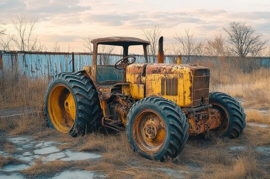 rusty yellow tractor with large worn tires resting in dry grass beside a corrugated metal fence under a soft overcast sky, evoking lonely nostalgic abandonment