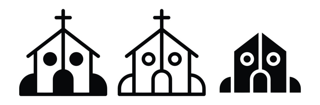 Church building icon set. Christian cross chapel symbol for religious worship faith celebration, traditional easter holiday catholic cathedral place, black and white vector outline illustration