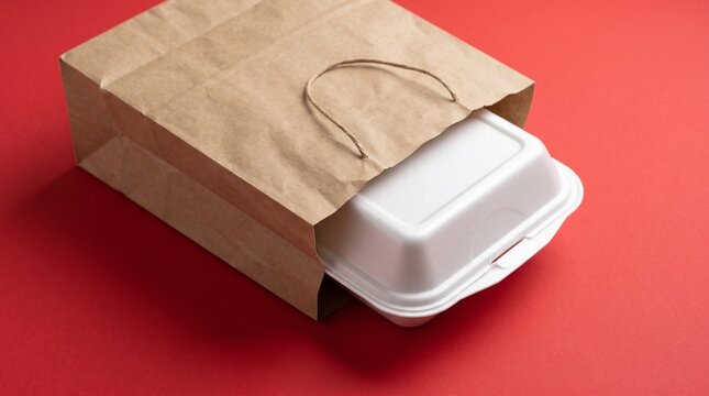Takeout food in a white foam container inside a brown paper bag with container