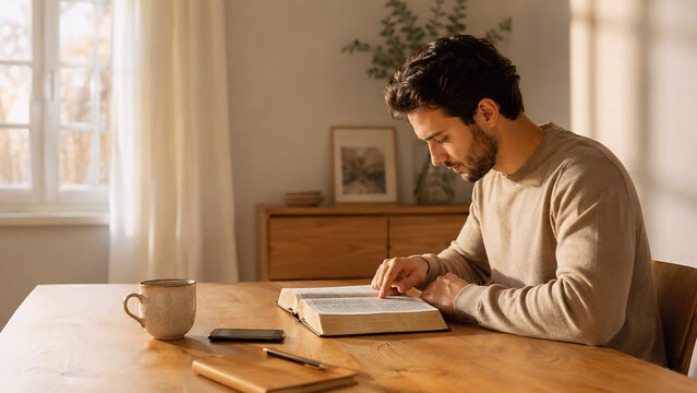 Young Christian man reading the Bible at a wooden table in a peaceful sunlit room, personal faith, study and morning devotion concept.