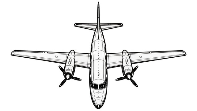 Isolated top view detailed line art illustration of a twin-engine propeller passenger plane