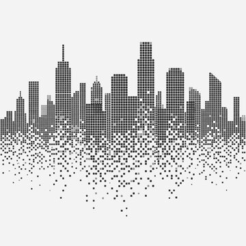 Abstract pixel city skyline with disintegration effect.