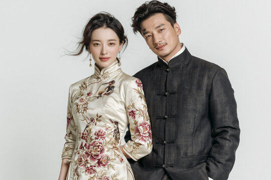 Chinese Couple in Traditional Qipao and Changshan Full Body Isolated on White Background