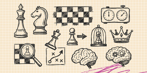 Hand drawn vintage black ink scribble doodle vector set of chess board games strategy and play icons for creative graphic design © Broke Stoke