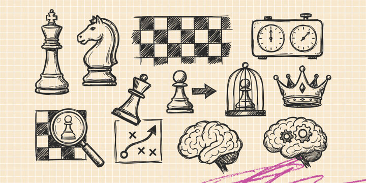 Hand drawn vintage black ink scribble doodle vector set of chess board games strategy and play icons for creative graphic design