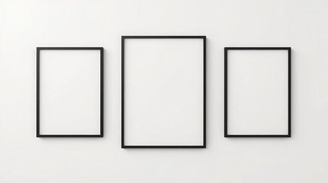 Minimalist black picture frames arranged in staggered row on white wall modern decor