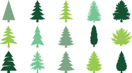 Green pine trees silhouettes, coniferous forest evergreens collection, spruce and fir botanical elements, natural wood park landscape, minimalist outdoor flora. © MstSumi