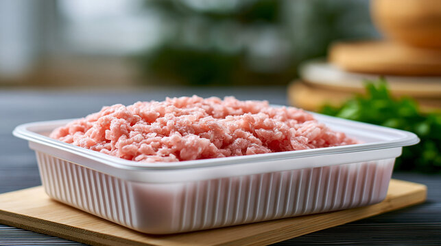 Raw ground meat in a white plastic packaging box for cooking, showing fresh minced poultry or pork protein ingredient on a wooden cutting board in a kitchen setting, copy space
