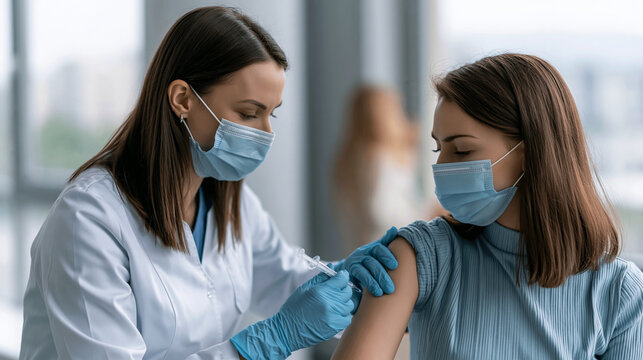 Doctor in medical face mask and gloves vaccinating young woman against infection, injecting syringe with vaccine into arm, promoting health, immunity, and prevention
