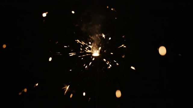 Macro view of bright sparkler explosion with golden sparks.