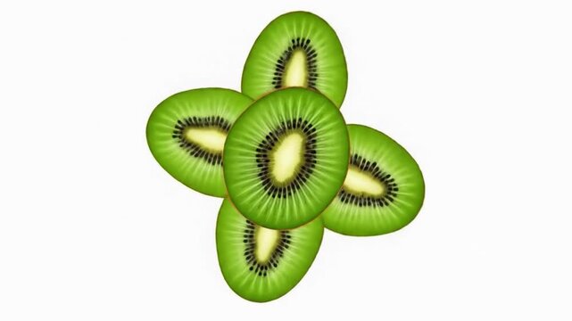Five kiwi fruit slices arranged in a circular flowerlike pattern on a white background