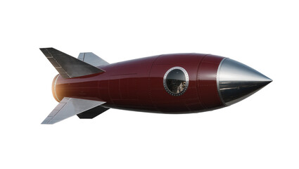 Isolated vintage style burgundy rocket ship with silver accents for space travel adventure © Aoife