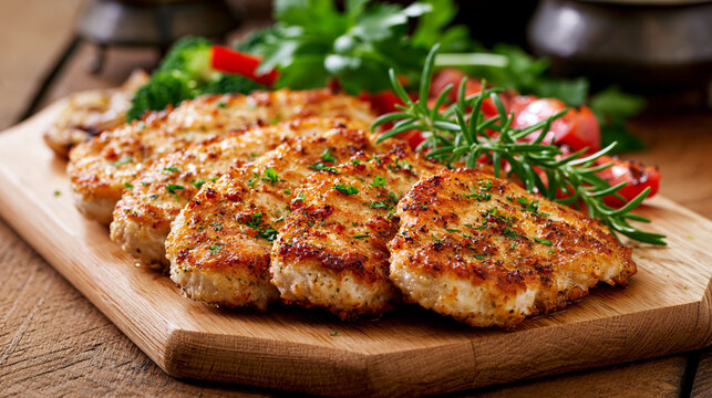 Golden brown pan fried pork cutlets or chicken breasts seasoned with herbs on a wooden cutting board, serving with fresh vegetables for a healthy meal