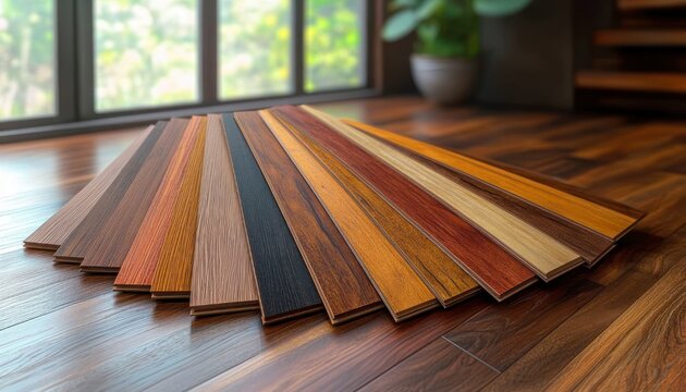 Warm inviting display of assorted wood flooring samples fanned out on hardwood floor near a sunlit window with a potted plant, showcasing varied grains, colors, and cozy atmosphere