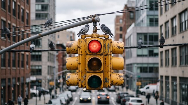 Pigeons perched on a city traffic light. Birds resting on urban signal equipment.