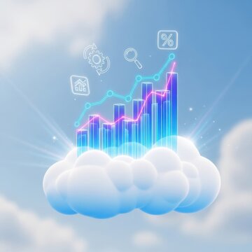 3d financial growth chart with glowing neon lines and business floating above a white cloud