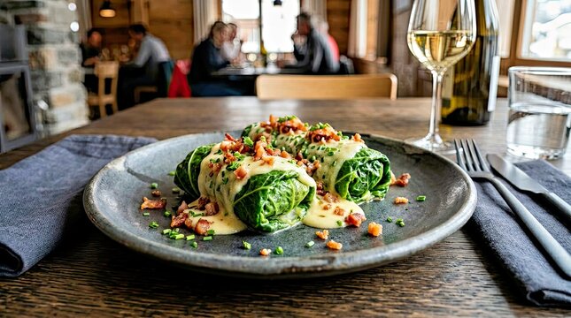 Stuffed Cabbage Rolls With Crispy Breadcrumbs on Dark Plate in Rustic Dining Setting