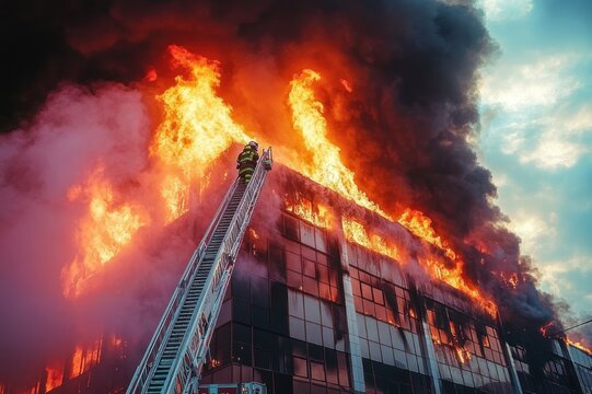 multi-story commercial building engulfed in roaring flames and thick black smoke, firefighters climbing an aerial ladder in a tense emergency rescue