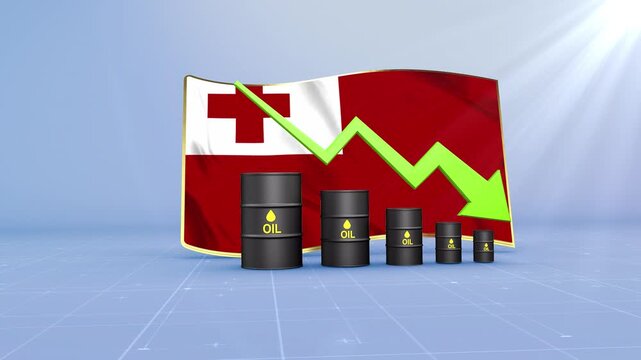 Tonga Oil Price Falling with Oil Barrels Downward Green Arrow and 3D Financial Data Visualization Graphs for Economy and Business Concept
