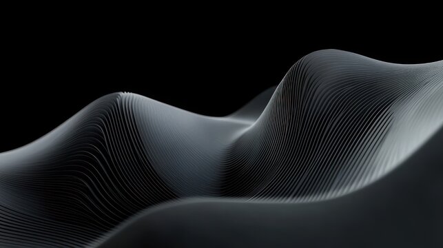 Monochrome undulating wireframe waves of parallel lines on a dark background conveying calm depth and elegant motion