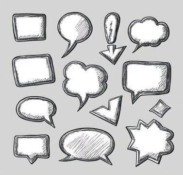 Various blank hand-drawn speech and thought bubbles, comic callouts, arrows, check mark and starburst doodles in rectangle, oval and cloud shapes on a gray background, playful sketchy energy