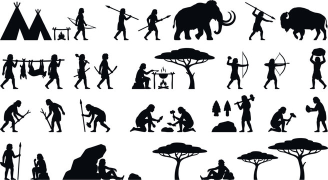 Prehistoric Caveman Silhouette Set Featuring Stone Age Tribe, Primitive Human Hunting, Mammoth, Bison, Ancient Tools, Campfire, and Ice Age Historical Vector Icons