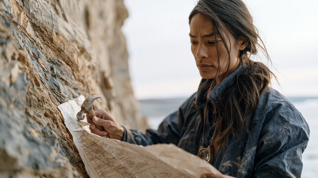A geological surveyor marks readings on a field map at a rocky cliff exposure, hammer tapping a sedimentary layer to collect a chip sample as a hand lens hangs from the neck and