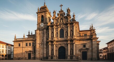Fototapeta premium Magnificent Baroque Facade of a Historic Church Bathed in Golden Hour Light.