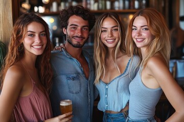 Fototapeta premium four friends smiling and posing together at a warm dimly lit bar with bottles on shelves and a beer glass in hand, casual summer clothes and relaxed social atmosphere