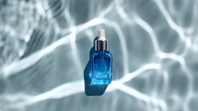 Bottle with for serum, oil, emulsion and reflections sunlight in slow motion. Drop shadow effect with wave refraction of light. Sun and shadows. Layout for advertising goods, cosmetic products. 4k 