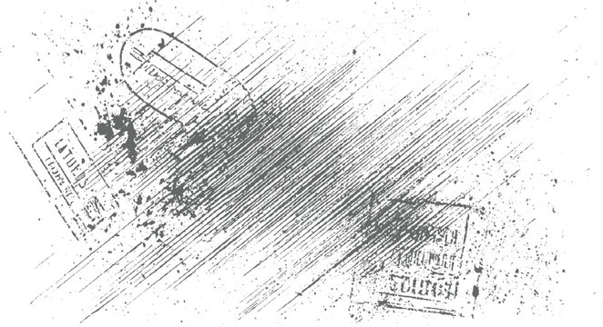 Grey distressed ink splatters and diagonal lines on white background with faint stamp imprints