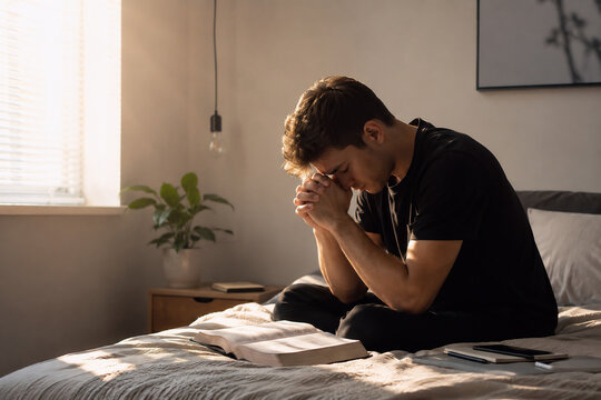 Young Christian man praying with clasped hands beside an open Bible while sitting on a bed in warm morning light.