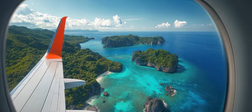 view from an airplane window over turquoise tropical islands and green limestone cliffs with wing and orange winglet, serene awe-inspiring travel moment