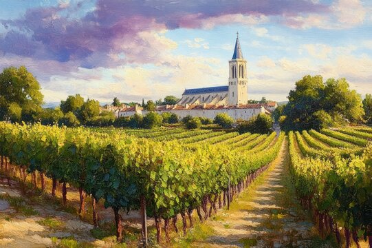 sunlit vineyard rows leading toward a village with a tall church steeple beneath a dramatic cloudy sky, tranquil idyllic countryside scene