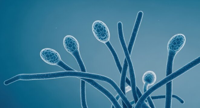 Microscopic view of fungal spores on hyphae in blue tones.