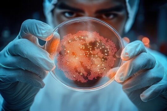 Focused scientist holding a petri dish with glowing red bacterial colonies, gloved hands and intense gaze in a dim laboratory