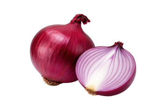 Whole fresh red onion with a halved red onion revealing crisp purple and white layers, isolated on a white background. Natural texture, vibrant color, clean composition, ideal for cooking, healthy eat