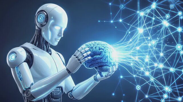 Humanoid robot holding glowing biological brain connected to neural network. Artificial intelligence and machine learning concept. Panning camera movement.