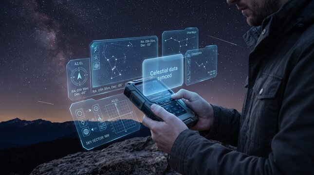 Celestial navigation and star-mapping app interface with a holographic starmap, Ursa Major, and Cassiopeia projected from a rugged device on a mountaintop at night
