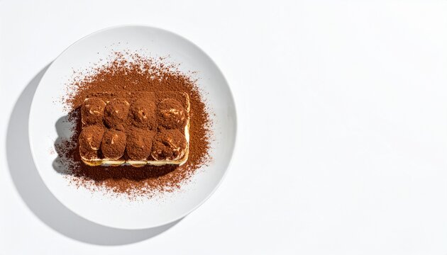 Italian Tiramisu cake slice dusted with cocoa powder on a white plate with ample copy space on a clean white background