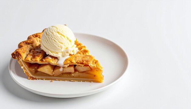 A slice of warm homemade apple pie served on a clean white plate with a generous scoop of cold vanilla ice cream melting on top