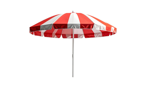 Red and white striped beach umbrella isolated on a black background