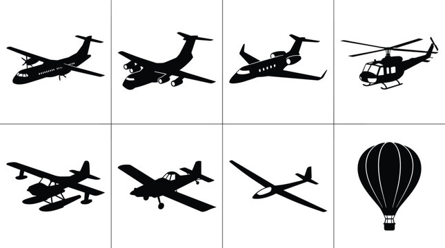 Aircraft Silhouette Collection Featuring Airplane Helicopter Seaplane Glider Private Jet and Hot Air Balloon Vector Icons