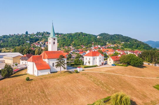 Aerial view of Church of Holy Trinity in town of Sveta Nedelja, Samobor region, Croatia