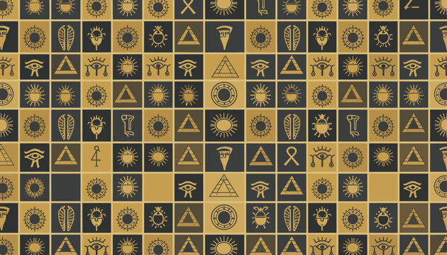 Ancient Egyptian hieroglyph symbols set in a checkered grid pattern with black and golden brown square tiles.